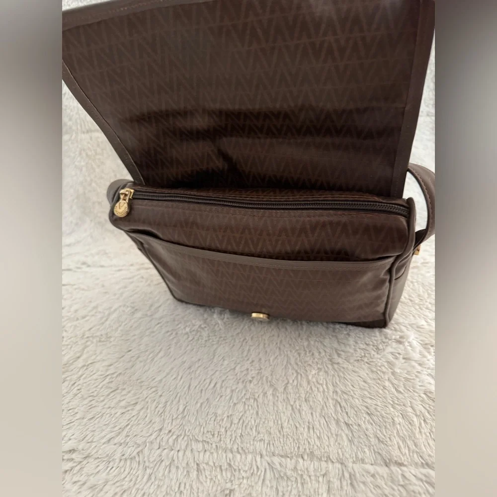 Mario Valentino Vintage Italian Monogram Crossbody Bag Brown Leather Trim - EUC